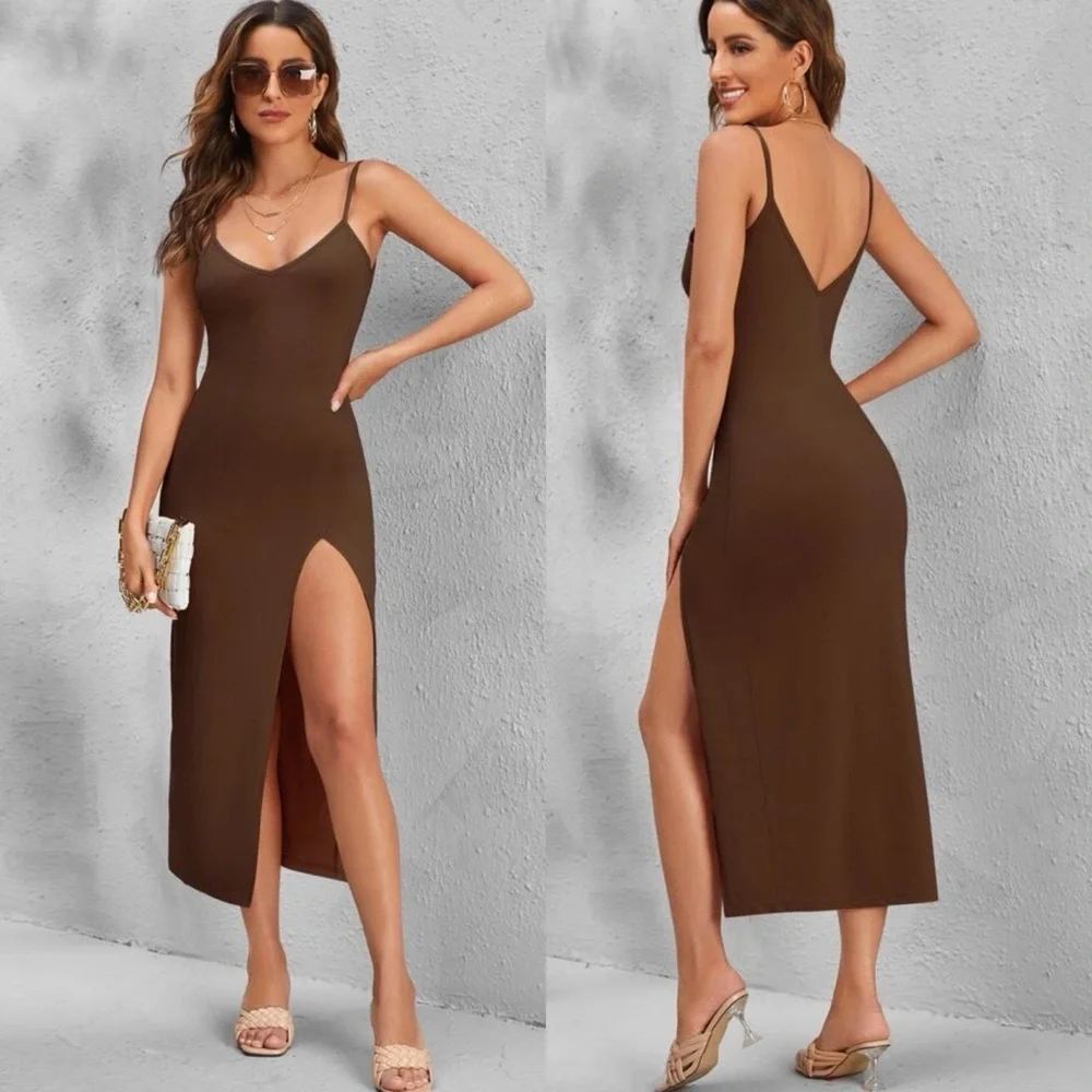 Double V neck cami strap maxi dress high slit black - Picture 3 of 3